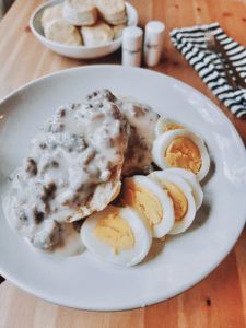 Sausage Gravy Biscuits With Hard Boiled Eggs At Home With Natalie